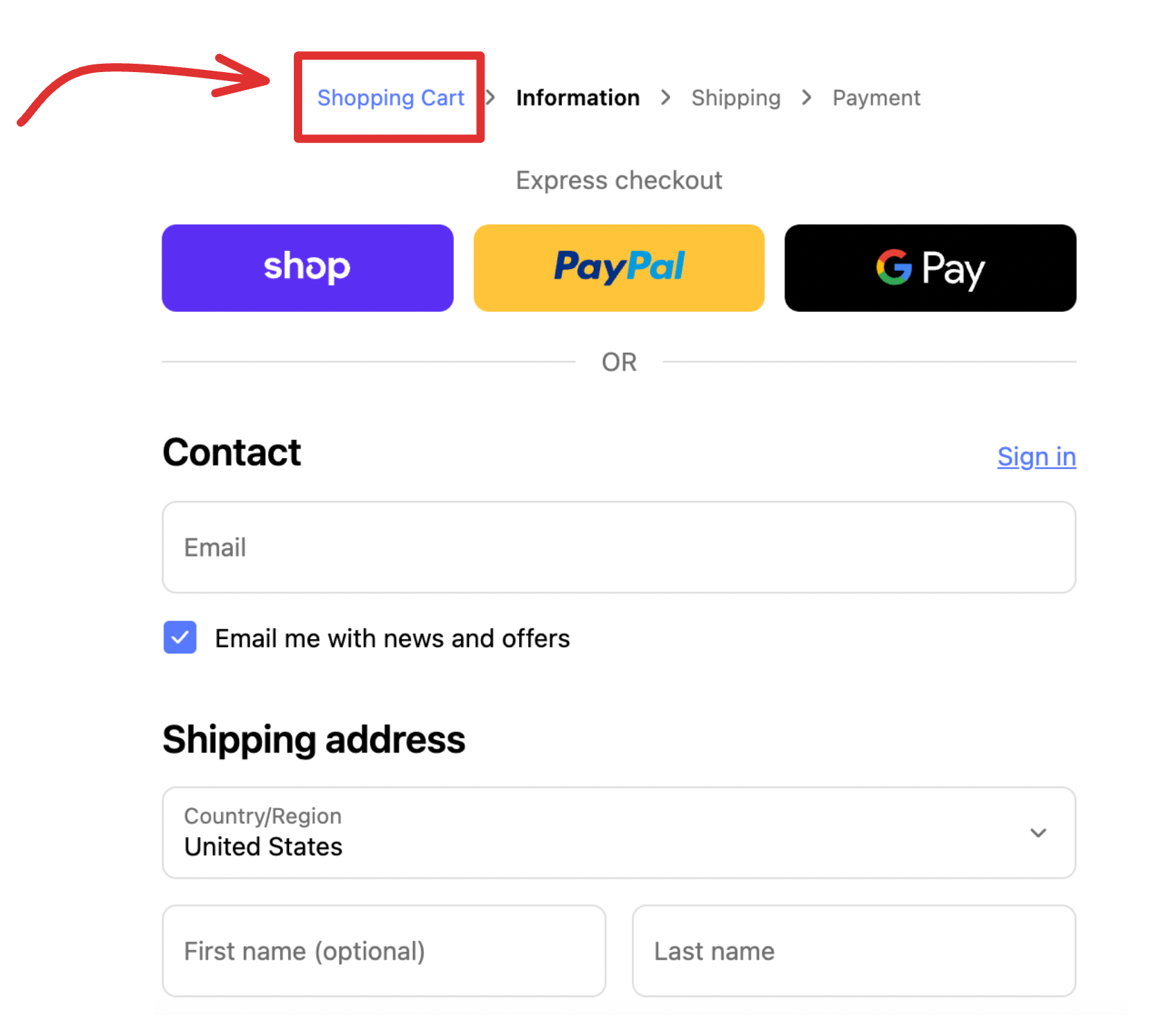Shopping Cart link