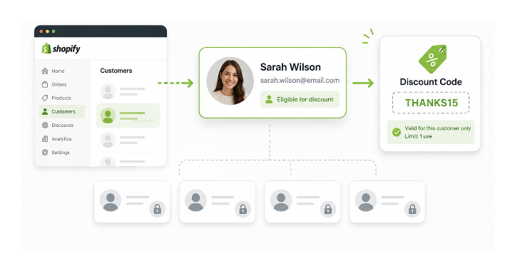 Illustration showing a Shopify discount code assigned to one specific customer instead of a customer segment