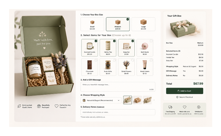 Shopify gift box builder showing box size, item selection, gift message, and pricing
