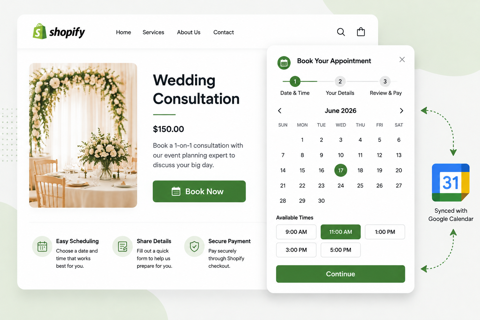 Shopify booking page with appointment calendar, time slots, and Google Calendar sync