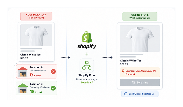 Shopify inventory workflow showing location-based stock control with Shopify Flow