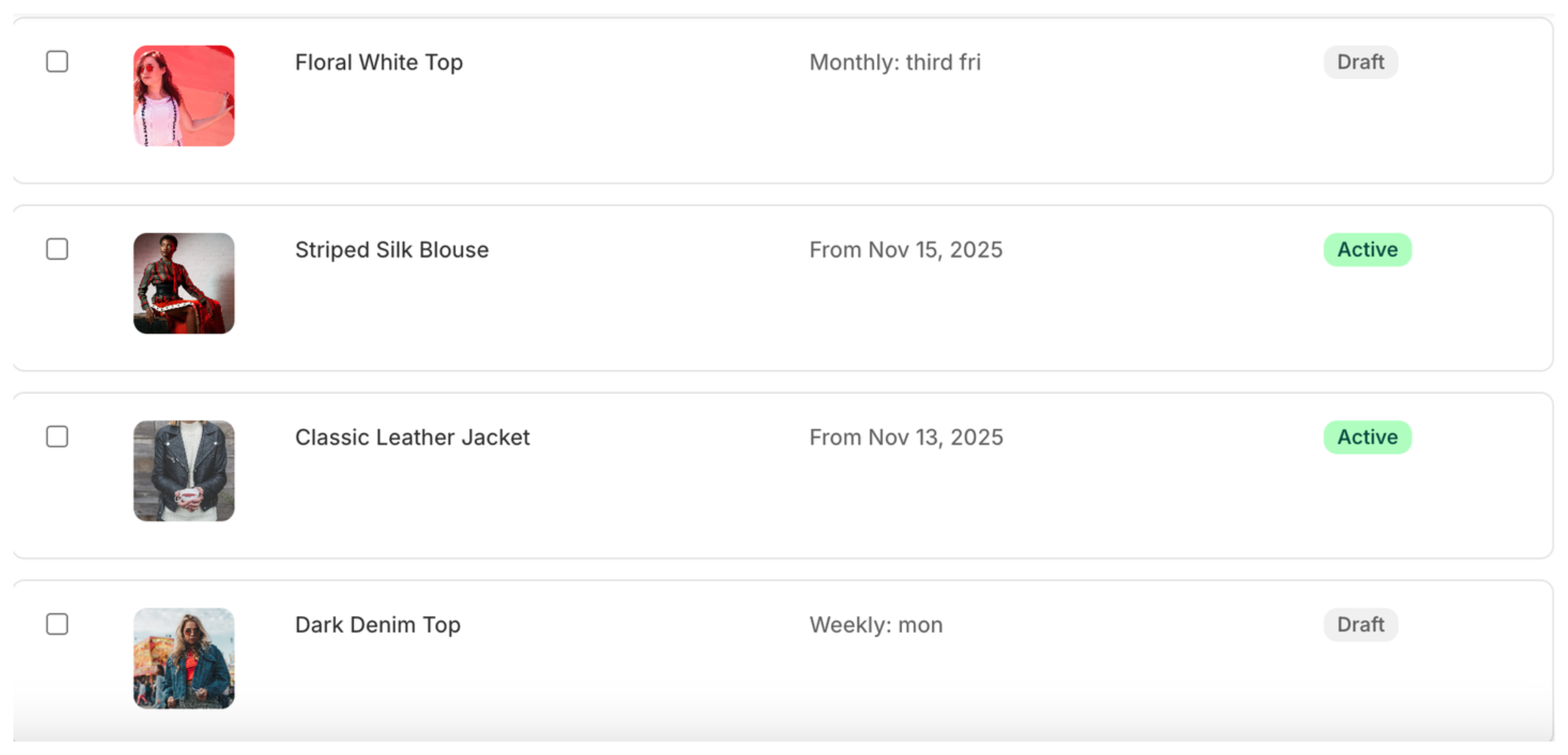 Schedora product scheduling interface